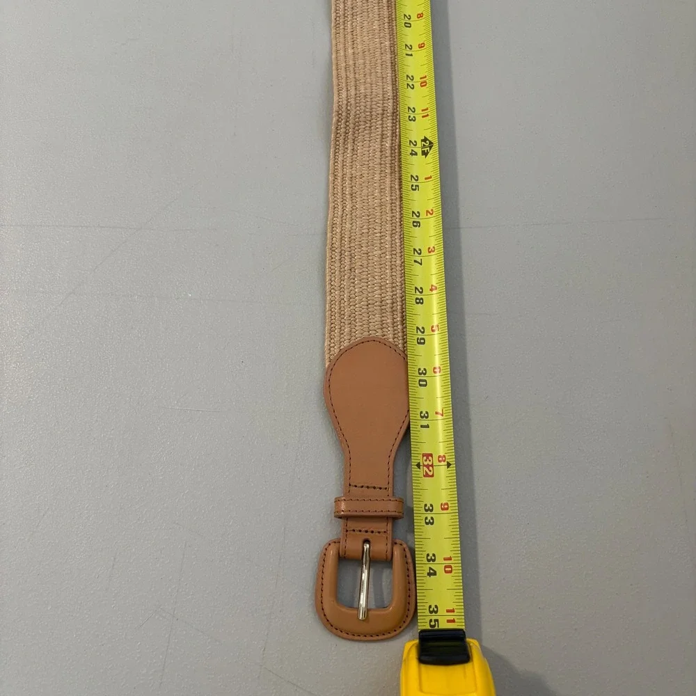 Banana Republic Tan Woven Straw Leather Trim Stretch Waist Belt Small Boho